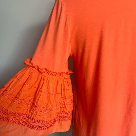 KOBI HALPERIN Embroidered Ruffle Flutter Bell Sleeve Jersey Top Blouse Tangerine - Picture 11 of 16